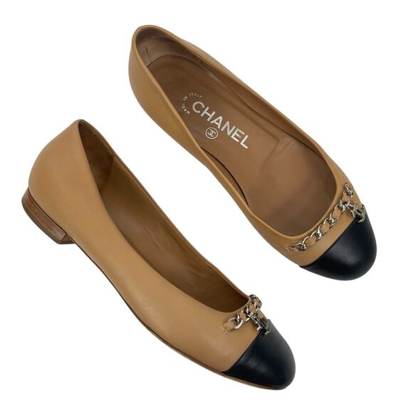 Chanel Interlocking CC Logo Chain Cap Toe Lambskin Ballerina Flat Size 36 - Picture 1 of 15
